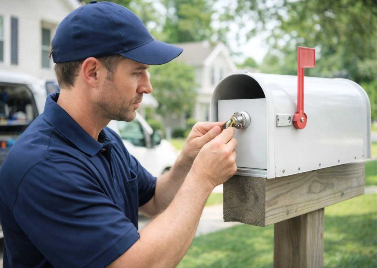 Technician replacing mailbox lock and providing new mailbox keys